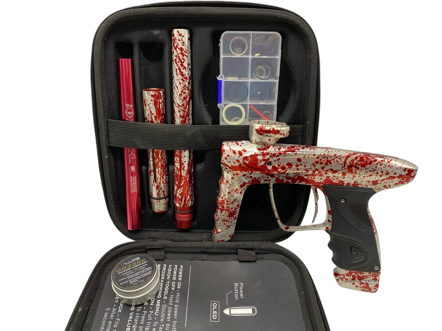 Used Dlx Luxe Tm40 Paintball Gun Silver/Red Splash Paintball Gun from CPXBrosPaintball Buy/Sell/Trade Paintball Markers, New Paintball Guns, Paintball Hoppers, Paintball Masks, and Hormesis Headbands
