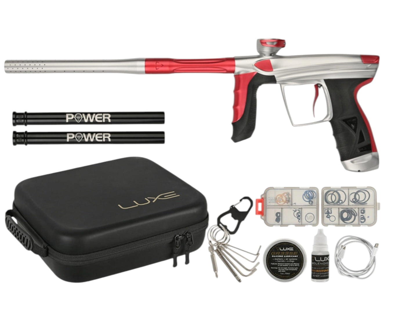 Used IN STOCK NEW DLX LUXE AIRE -Dust Silver/Dust Red Paintball Gun from CPXBrosPaintball Buy/Sell/Trade Paintball Markers, New Paintball Guns, Paintball Hoppers, Paintball Masks, and Hormesis Headbands