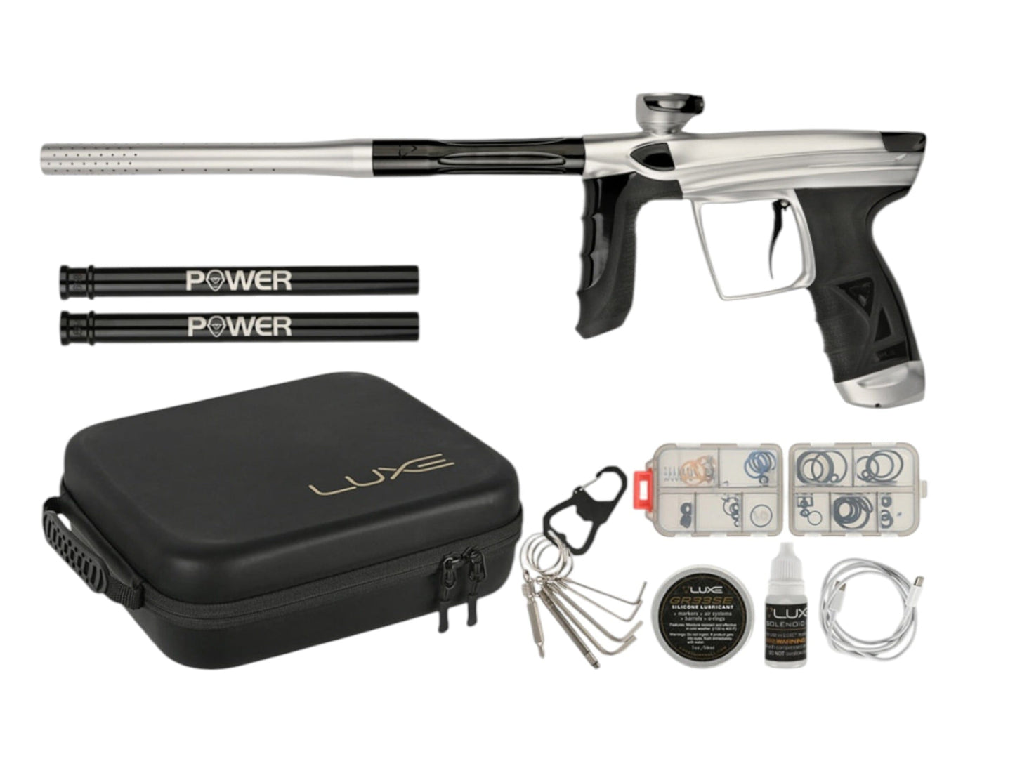 Used IN STOCK NEW DLX LUXE AIRE -Dust Silver/Gloss Black Paintball Gun from CPXBrosPaintball Buy/Sell/Trade Paintball Markers, New Paintball Guns, Paintball Hoppers, Paintball Masks, and Hormesis Headbands