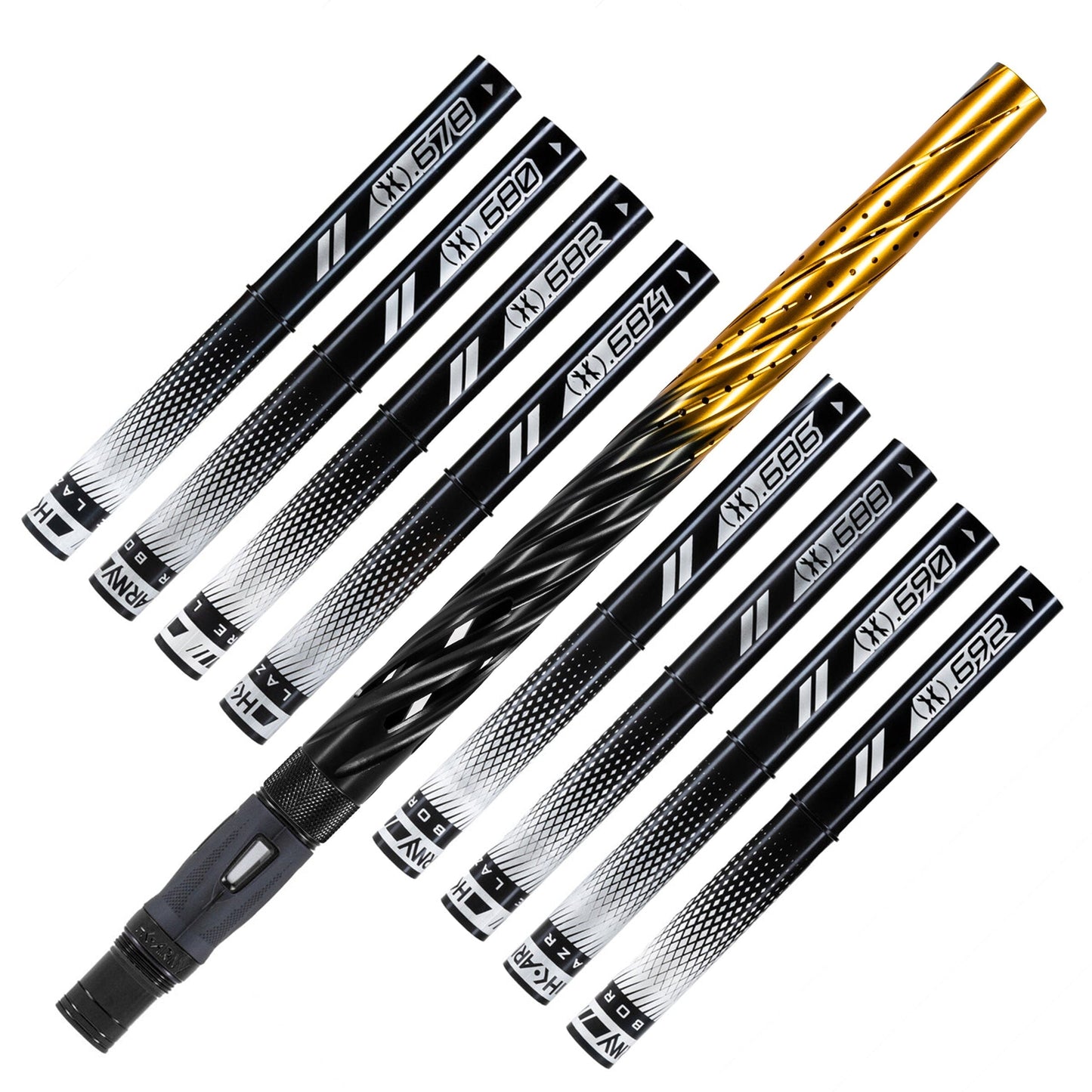 Used LAZR Elite Orbit Barrel Kit - 15" Black/Gold Fade - Black Inserts - Cocker Threads Paintball Gun from HK Army Clothing Buy/Sell/Trade Paintball Markers, New Paintball Guns, Paintball Hoppers, Paintball Masks, and Hormesis Headbands