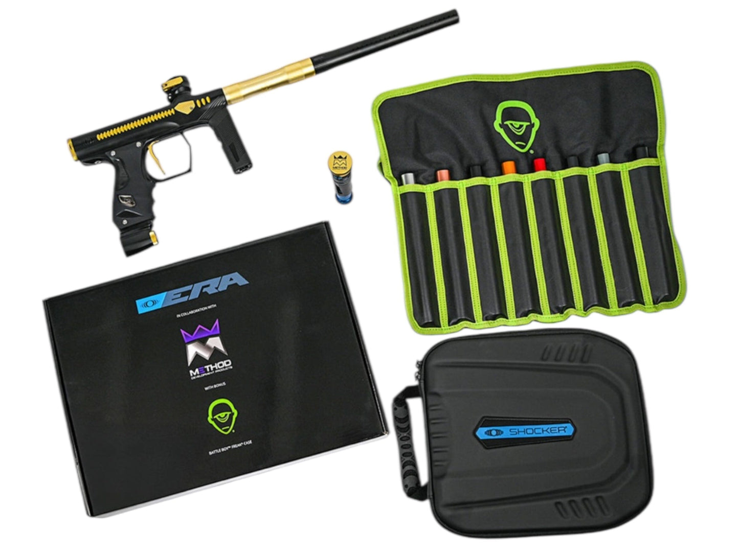 Used NEW Method SP Shocker Era Paintball Gun - Black/Gold Paintball Gun from CPXBrosPaintball Buy/Sell/Trade Paintball Markers, New Paintball Guns, Paintball Hoppers, Paintball Masks, and Hormesis Headbands