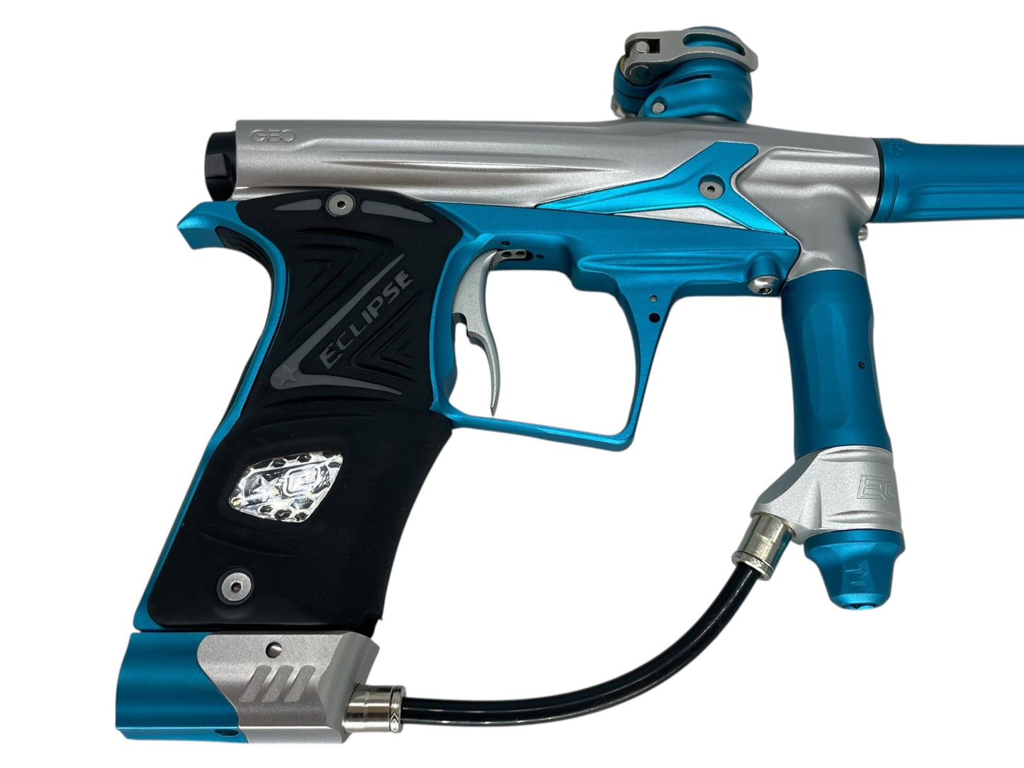 Used Planet Eclipse Geo 3 Paintball Gun Silver/Teal Paintball Gun from CPXBrosPaintball Buy/Sell/Trade Paintball Markers, New Paintball Guns, Paintball Hoppers, Paintball Masks, and Hormesis Headbands