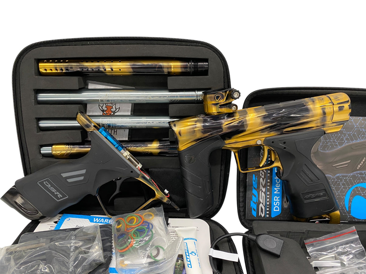 Dye Dark Edition DSR Black/Gold Acid Was + Matching Mech Frame Paintball Gun