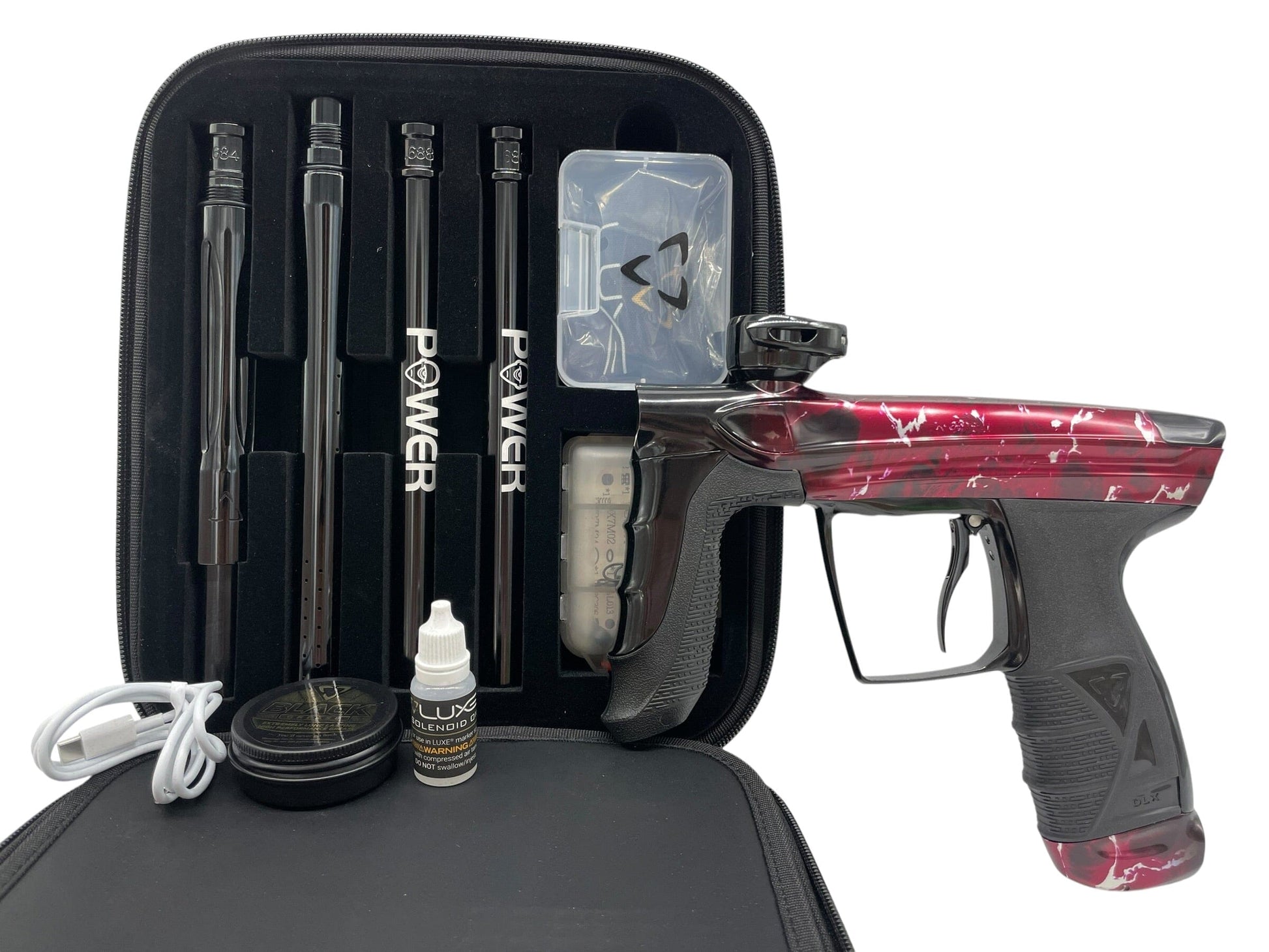 Used DLX Luxe Aire Red Crackle Paintball Gun Paintball Gun from CPXBrosPaintball Buy/Sell/Trade Paintball Markers, New Paintball Guns, Paintball Hoppers, Paintball Masks, and Hormesis Headbands