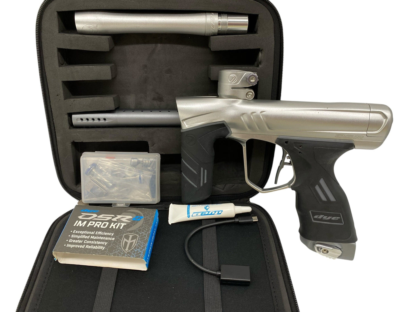 Used Dye DSR+ Silver/Grey Paintball Gun W/ IM PRO KIT Paintball Gun from CPXBrosPaintball Buy/Sell/Trade Paintball Markers, New Paintball Guns, Paintball Hoppers, Paintball Masks, and Hormesis Headbands