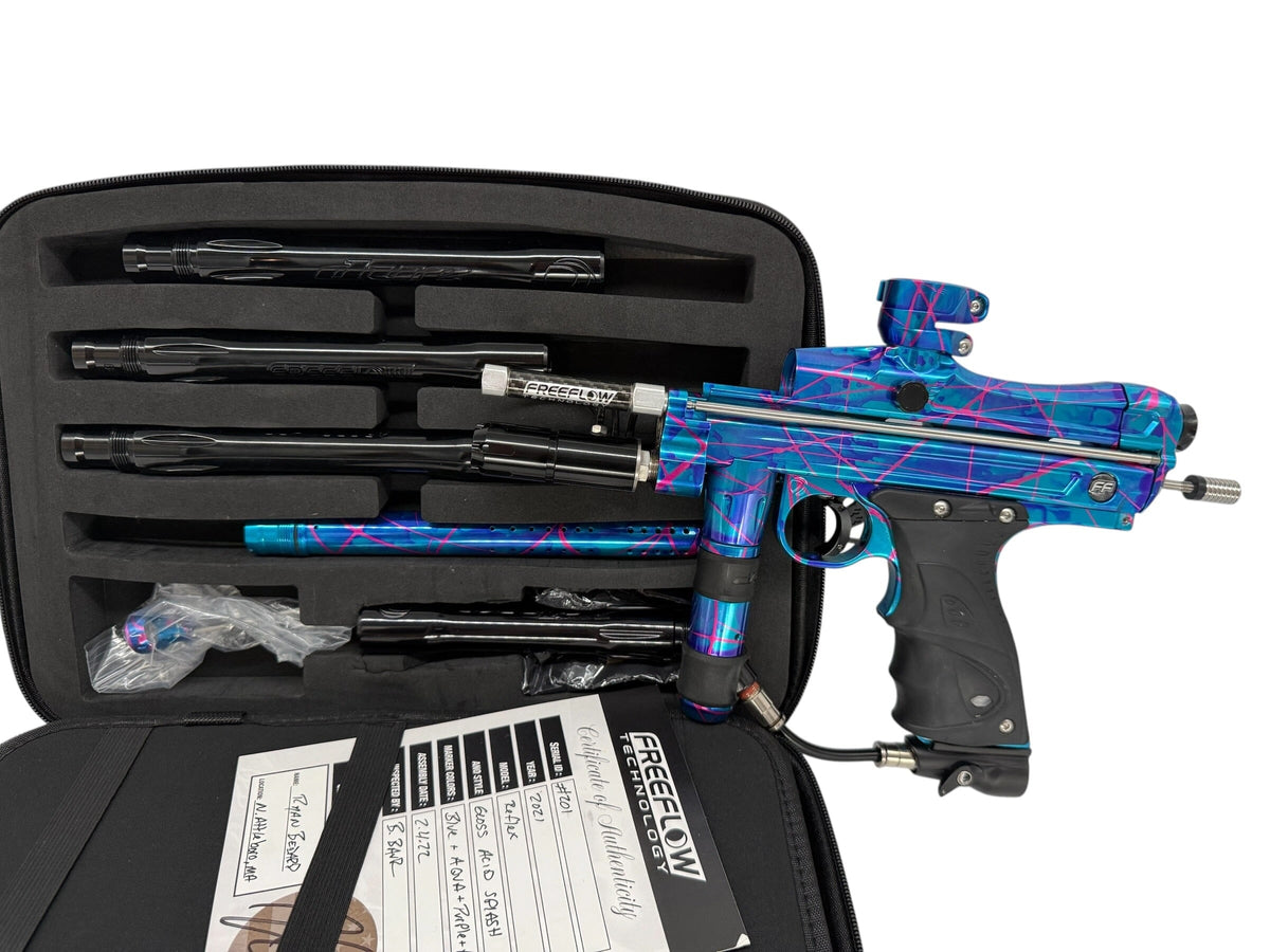 Used Dye Freeflow Reflex Autococker Paintball Gun Gloss Blue Acid Splash Paintball Gun from CPXBrosPaintball Buy/Sell/Trade Paintball Markers, New Paintball Guns, Paintball Hoppers, Paintball Masks, and Hormesis Headbands
