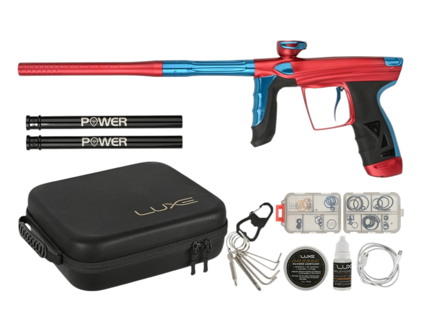 Used IN STOCK NEW DLX LUXE AIRE -Dust Red/Dust Blue Paintball Gun from CPXBrosPaintball Buy/Sell/Trade Paintball Markers, New Paintball Guns, Paintball Hoppers, Paintball Masks, and Hormesis Headbands