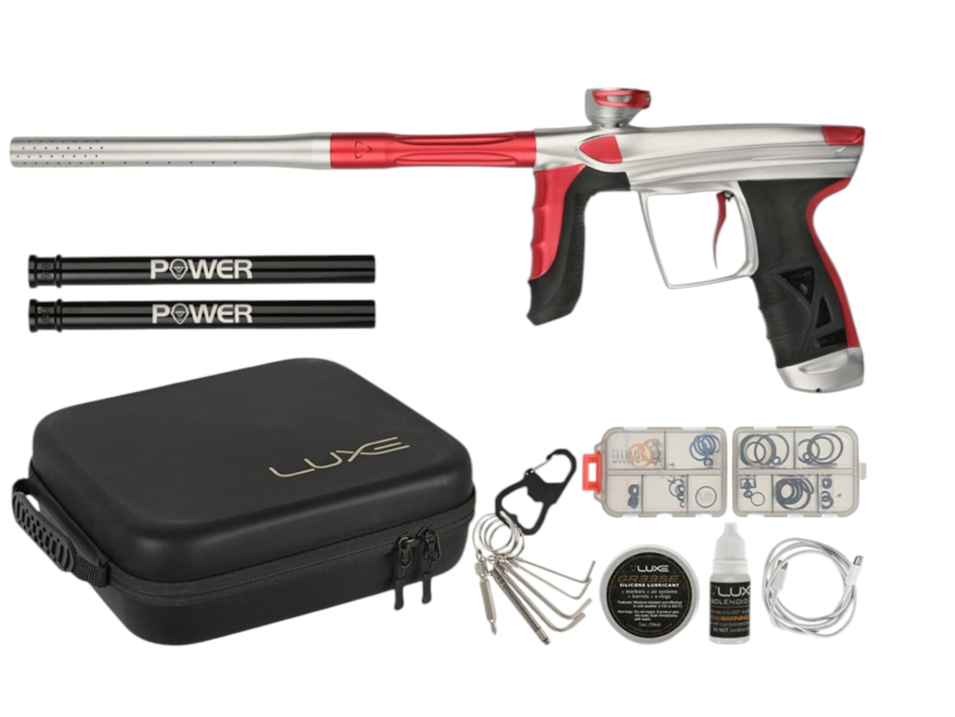 Used IN STOCK NEW DLX LUXE AIRE -Dust Silver/Dust Red Paintball Gun from CPXBrosPaintball Buy/Sell/Trade Paintball Markers, New Paintball Guns, Paintball Hoppers, Paintball Masks, and Hormesis Headbands