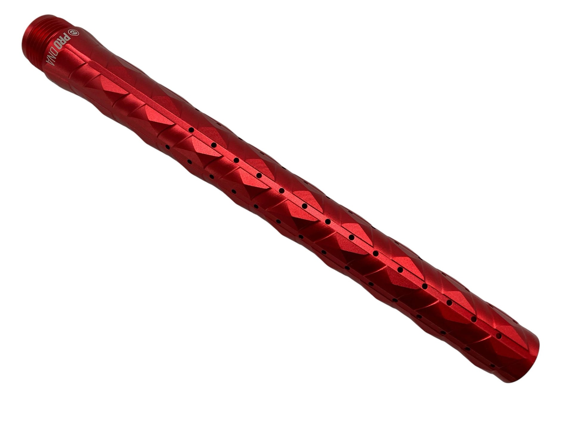 CPXBrosPaintballHere red aluminum paintball barrel with faceted design and porting holes for accuracy and performance.
