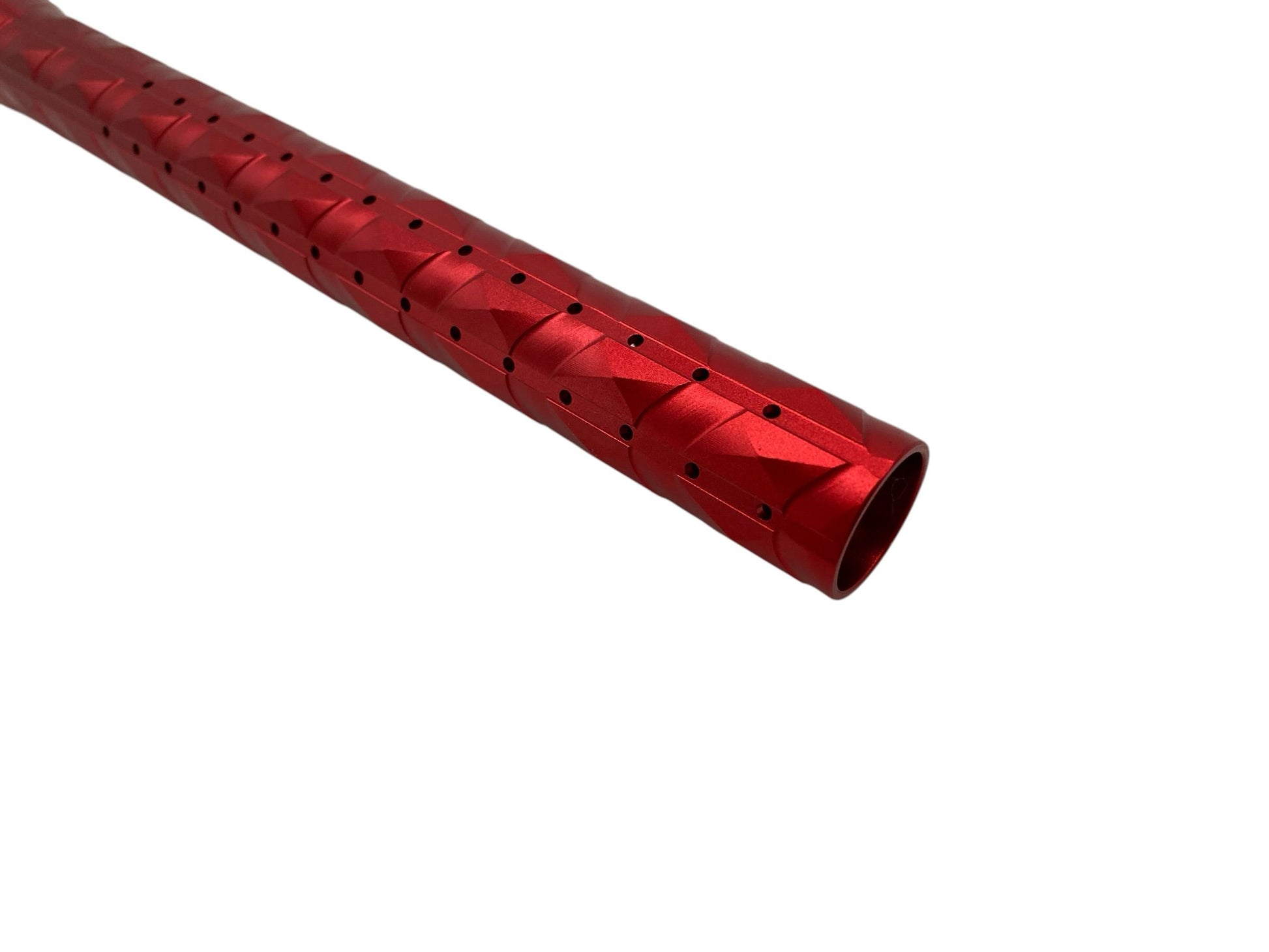 CPXBrosPaintballHere ProDNA paintball barrel system, red anodized aluminum with faceted grip and porting holes for accuracy and performance.