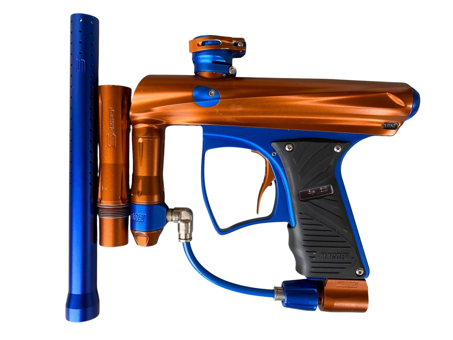 Used Macdev Clone Copper/Blue Paintball Gun (NO LCD SCREEN) Paintball Gun from CPXBrosPaintball Buy/Sell/Trade Paintball Markers, New Paintball Guns, Paintball Hoppers, Paintball Masks, and Hormesis Headbands