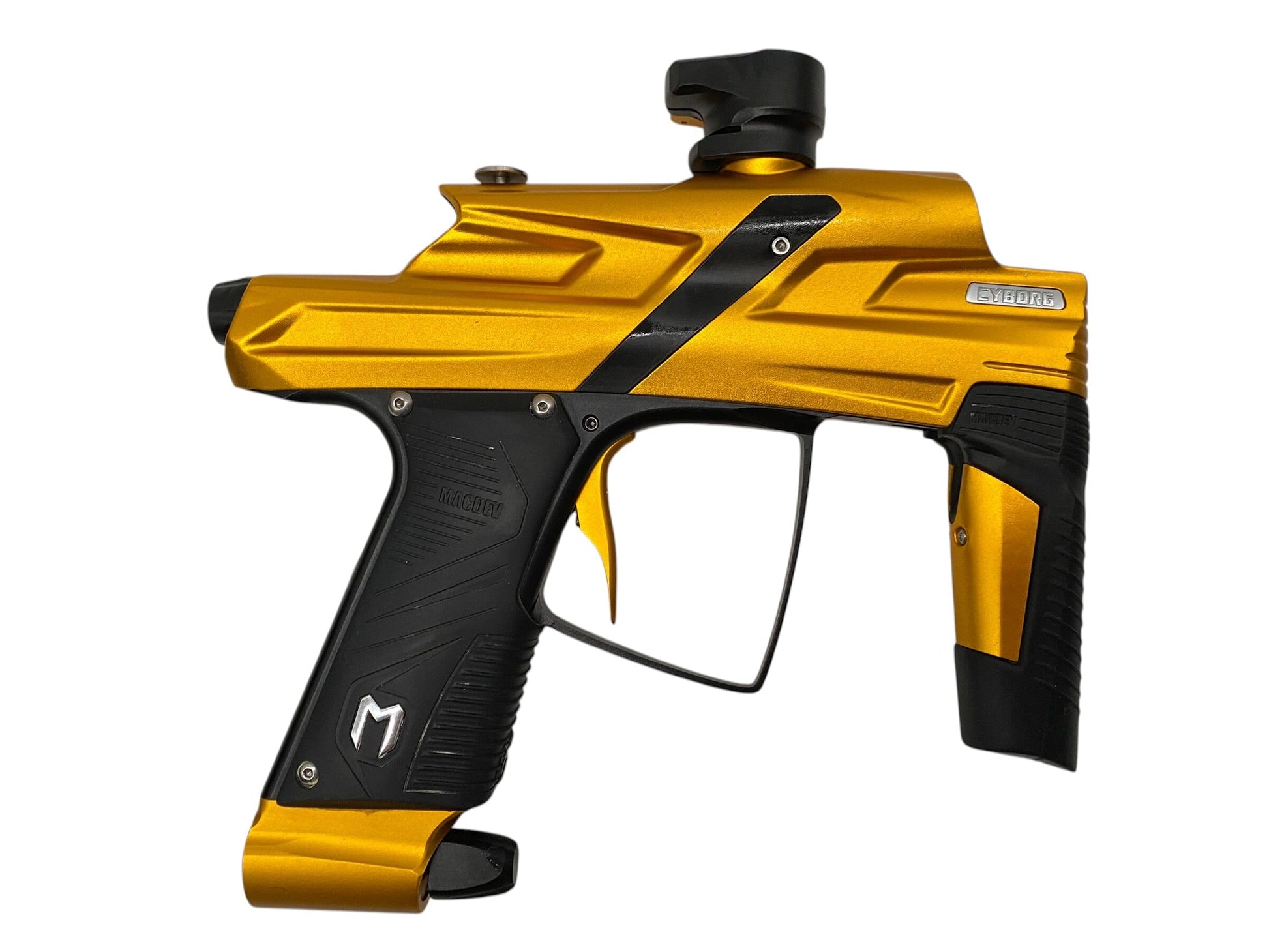 Used MacDev Cyborg 6 Gold/Black Paintball Gun Paintball Gun from CPXBrosPaintball Buy/Sell/Trade Paintball Markers, New Paintball Guns, Paintball Hoppers, Paintball Masks, and Hormesis Headbands