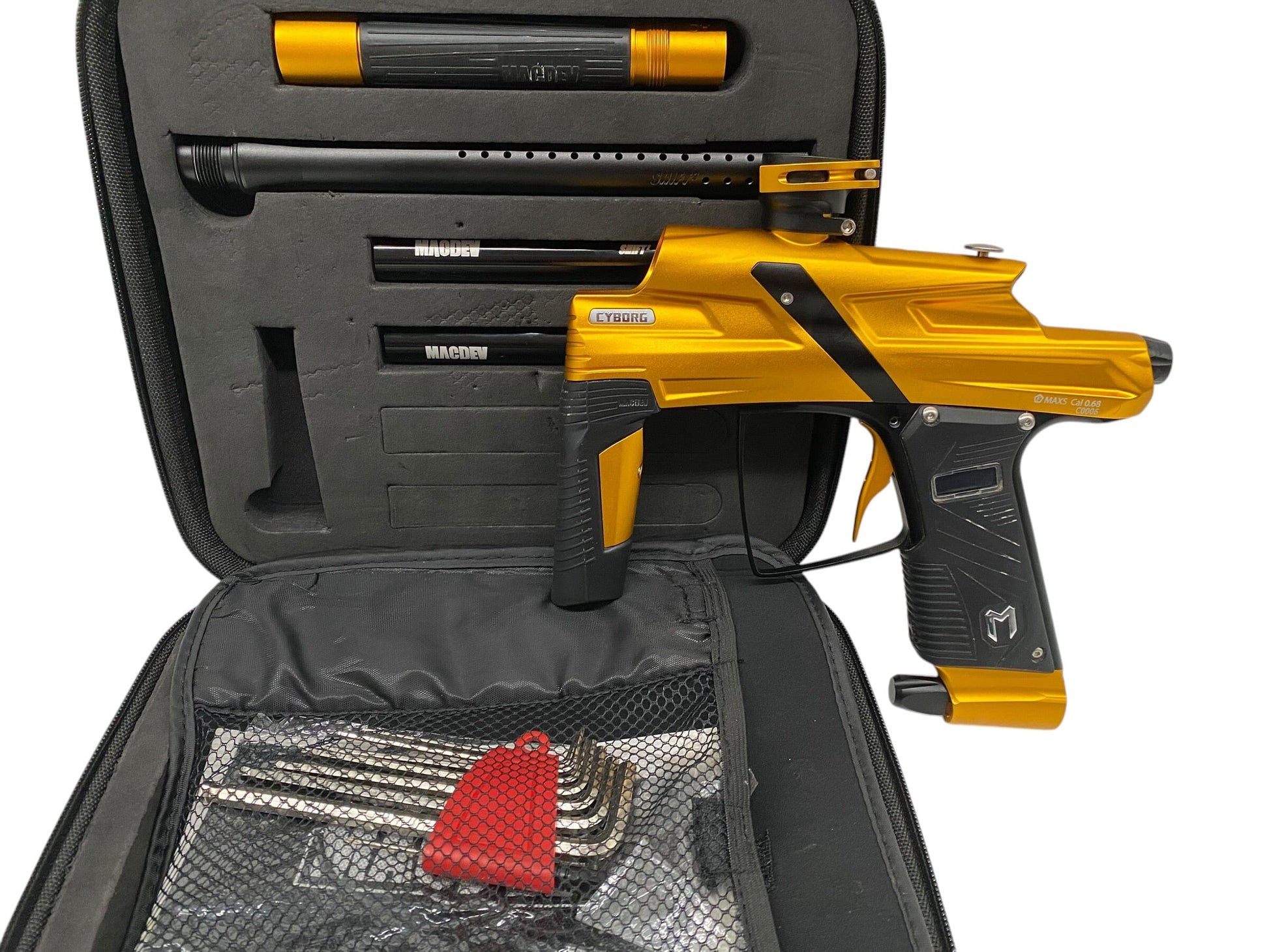 Used MacDev Cyborg 6 Gold/Black Paintball Gun Paintball Gun from CPXBrosPaintball Buy/Sell/Trade Paintball Markers, New Paintball Guns, Paintball Hoppers, Paintball Masks, and Hormesis Headbands