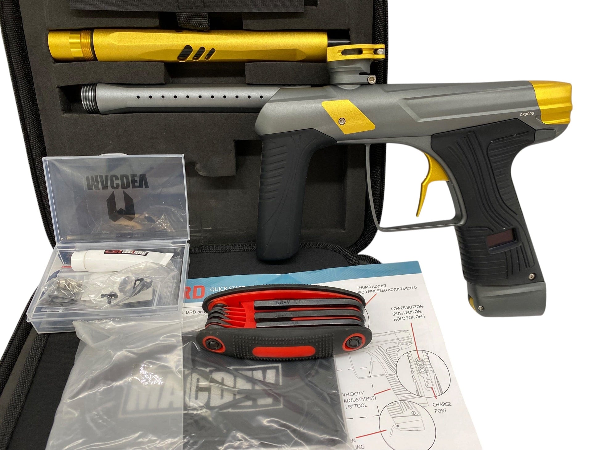 Used MacDev DRD Grey/Gold Paintball Gun *MINT* Paintball Gun from CPXBrosPaintball Buy/Sell/Trade Paintball Markers, New Paintball Guns, Paintball Hoppers, Paintball Masks, and Hormesis Headbands