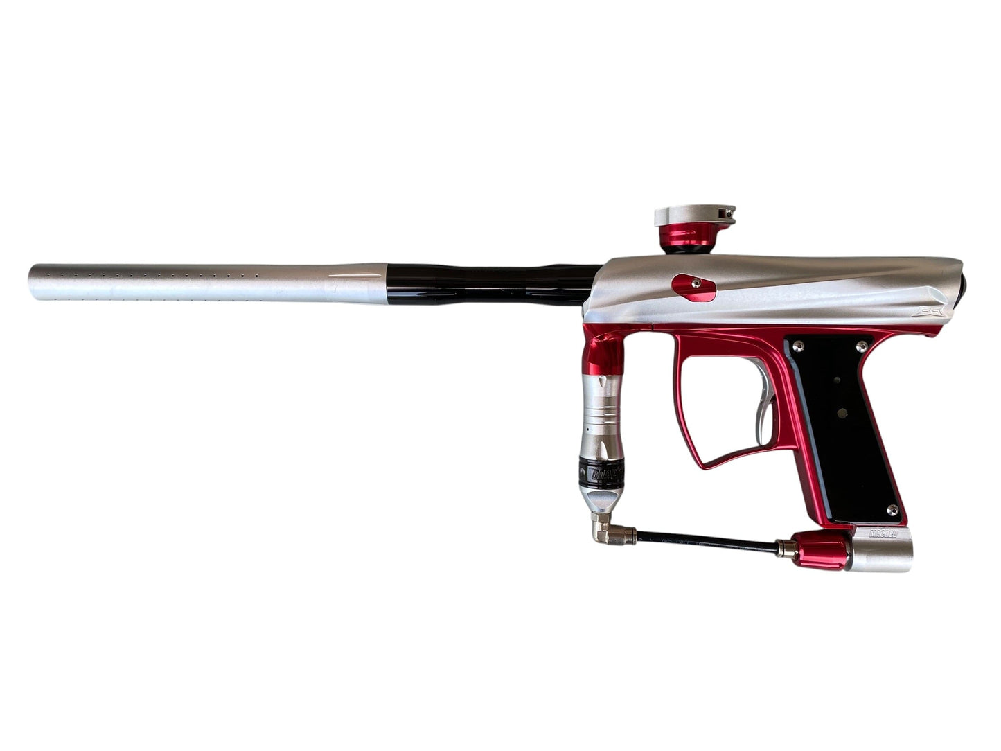 Used MacDev Droid Paintball Gun Silver Red Paintball Gun from CPXBrosPaintball Buy/Sell/Trade Paintball Markers, New Paintball Guns, Paintball Hoppers, Paintball Masks, and Hormesis Headbands
