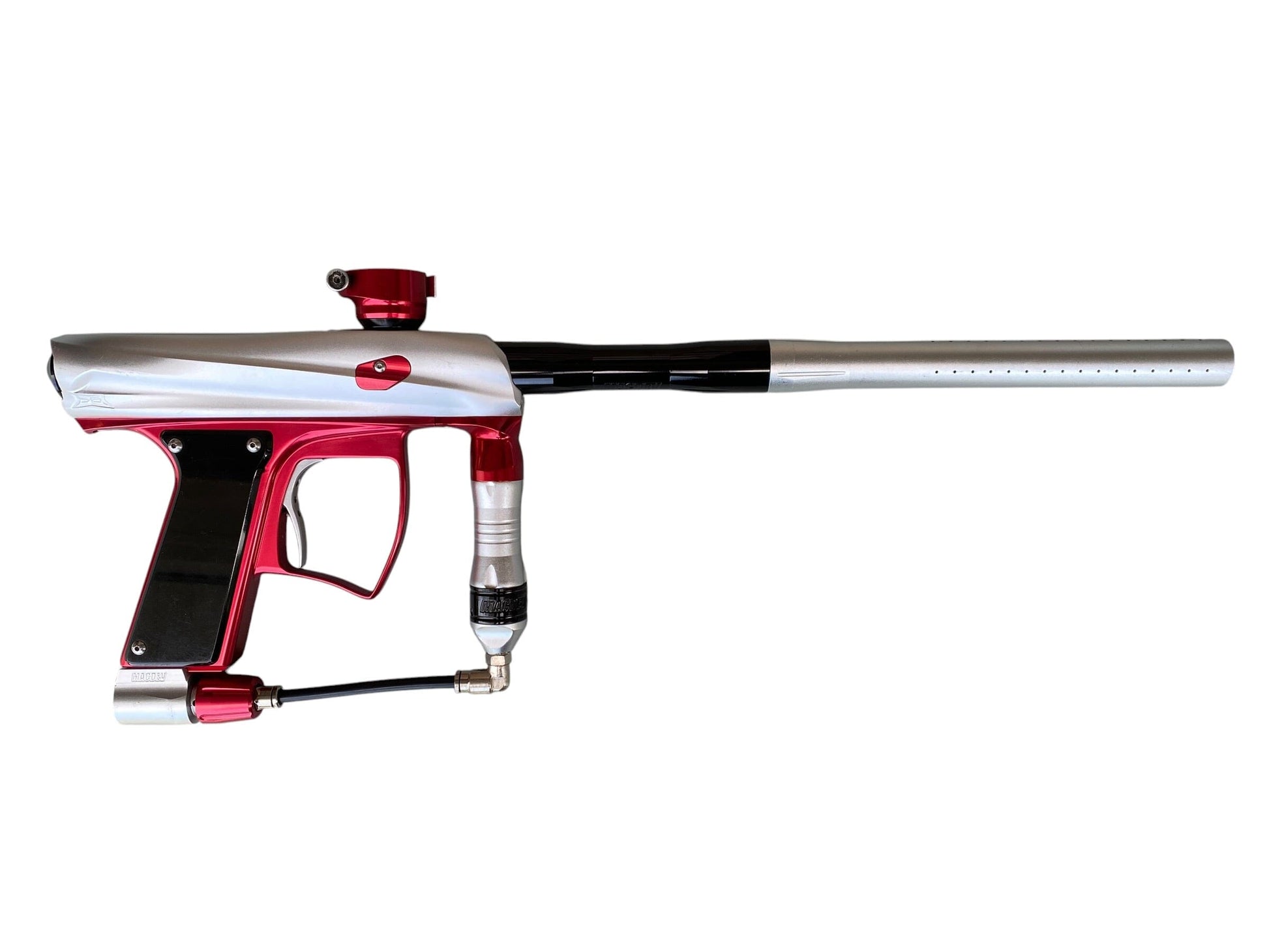 Used MacDev Droid Paintball Gun Silver Red Paintball Gun from CPXBrosPaintball Buy/Sell/Trade Paintball Markers, New Paintball Guns, Paintball Hoppers, Paintball Masks, and Hormesis Headbands