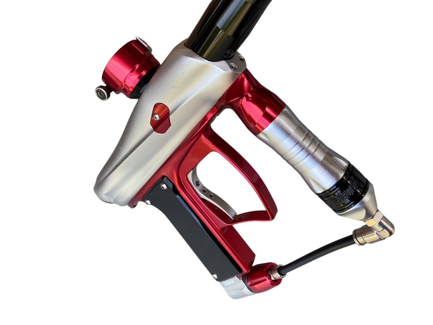 Used MacDev Droid Paintball Gun Silver Red Paintball Gun from CPXBrosPaintball Buy/Sell/Trade Paintball Markers, New Paintball Guns, Paintball Hoppers, Paintball Masks, and Hormesis Headbands