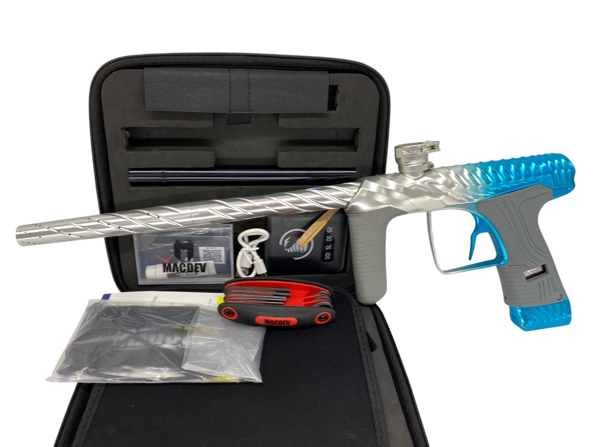 Used Macdev Twister Cyclone Paintball Gun Silver Blue Fade Paintball Gun from CPXBrosPaintball Buy/Sell/Trade Paintball Markers, New Paintball Guns, Paintball Hoppers, Paintball Masks, and Hormesis Headbands