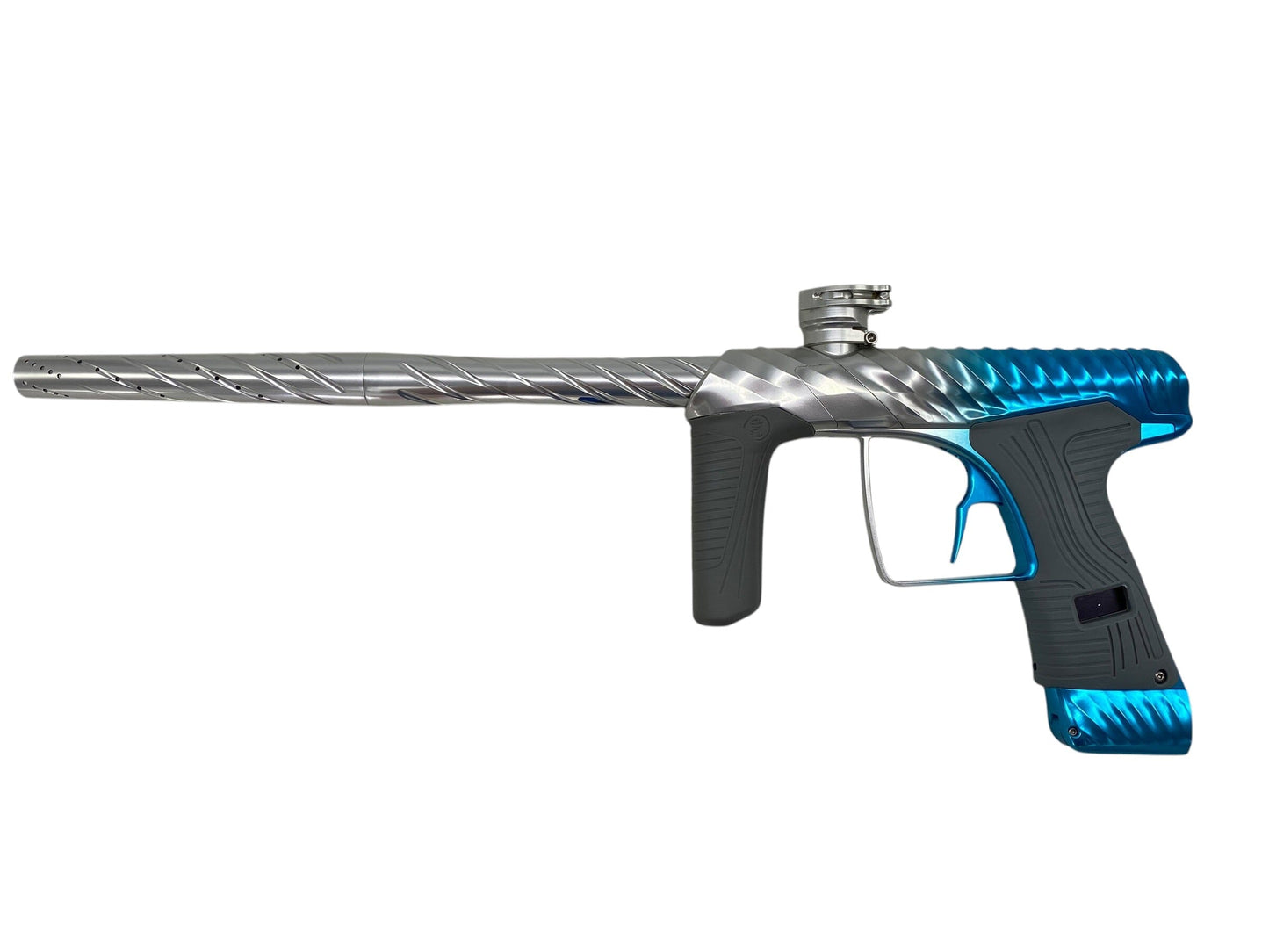 Used Macdev Twister Cyclone Paintball Gun Silver Blue Fade Paintball Gun from CPXBrosPaintball Buy/Sell/Trade Paintball Markers, New Paintball Guns, Paintball Hoppers, Paintball Masks, and Hormesis Headbands
