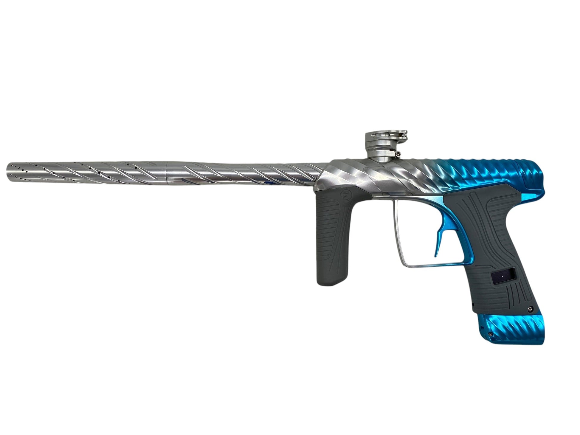 Used Macdev Twister Cyclone Paintball Gun Silver Blue Fade Paintball Gun from CPXBrosPaintball Buy/Sell/Trade Paintball Markers, New Paintball Guns, Paintball Hoppers, Paintball Masks, and Hormesis Headbands