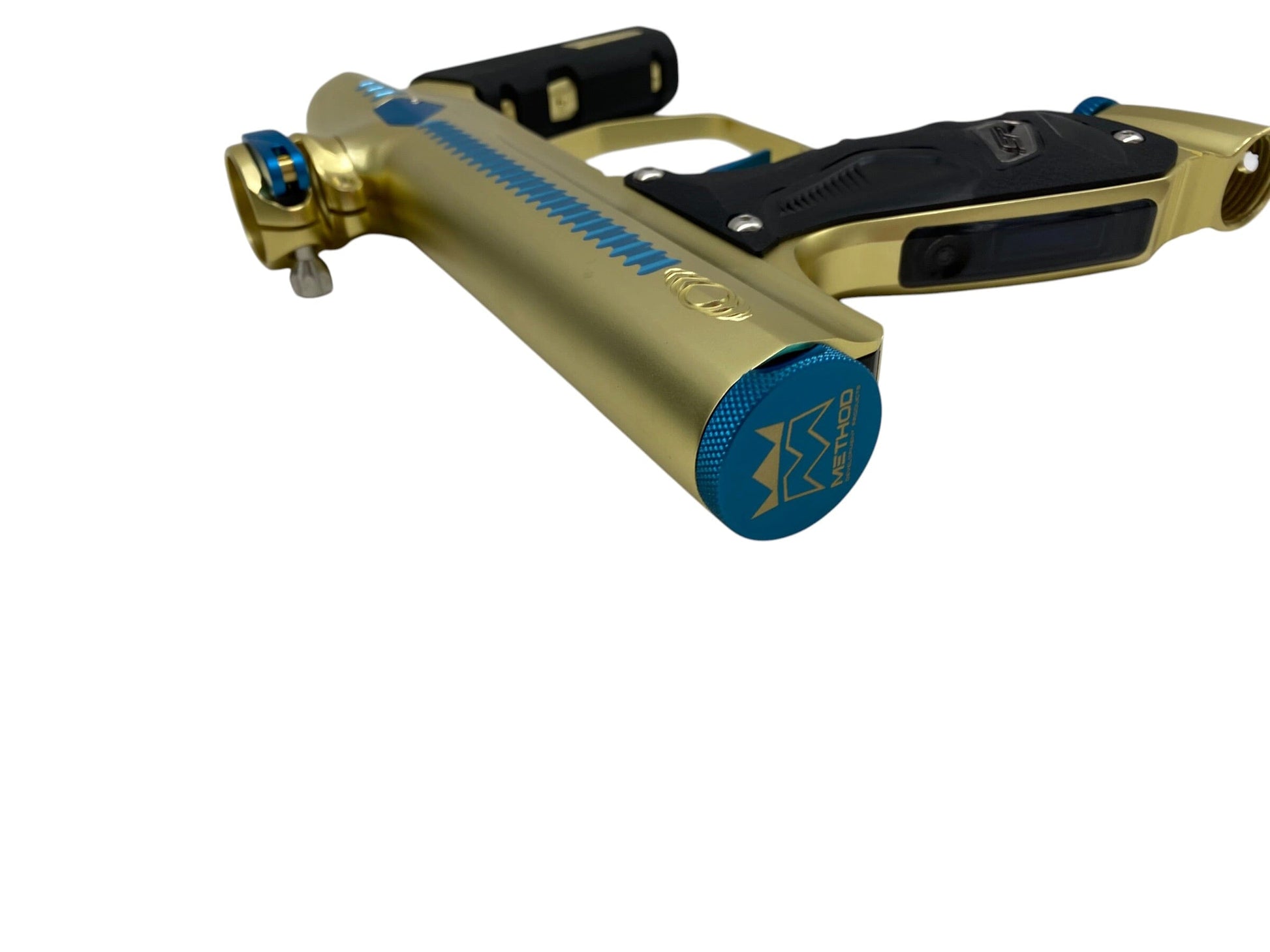 Used Method SP Shocker Era Gold/Teal Paintball Gun with Stainless Steel Inserts Paintball Gun from CPXBrosPaintball Buy/Sell/Trade Paintball Markers, New Paintball Guns, Paintball Hoppers, Paintball Masks, and Hormesis Headbands