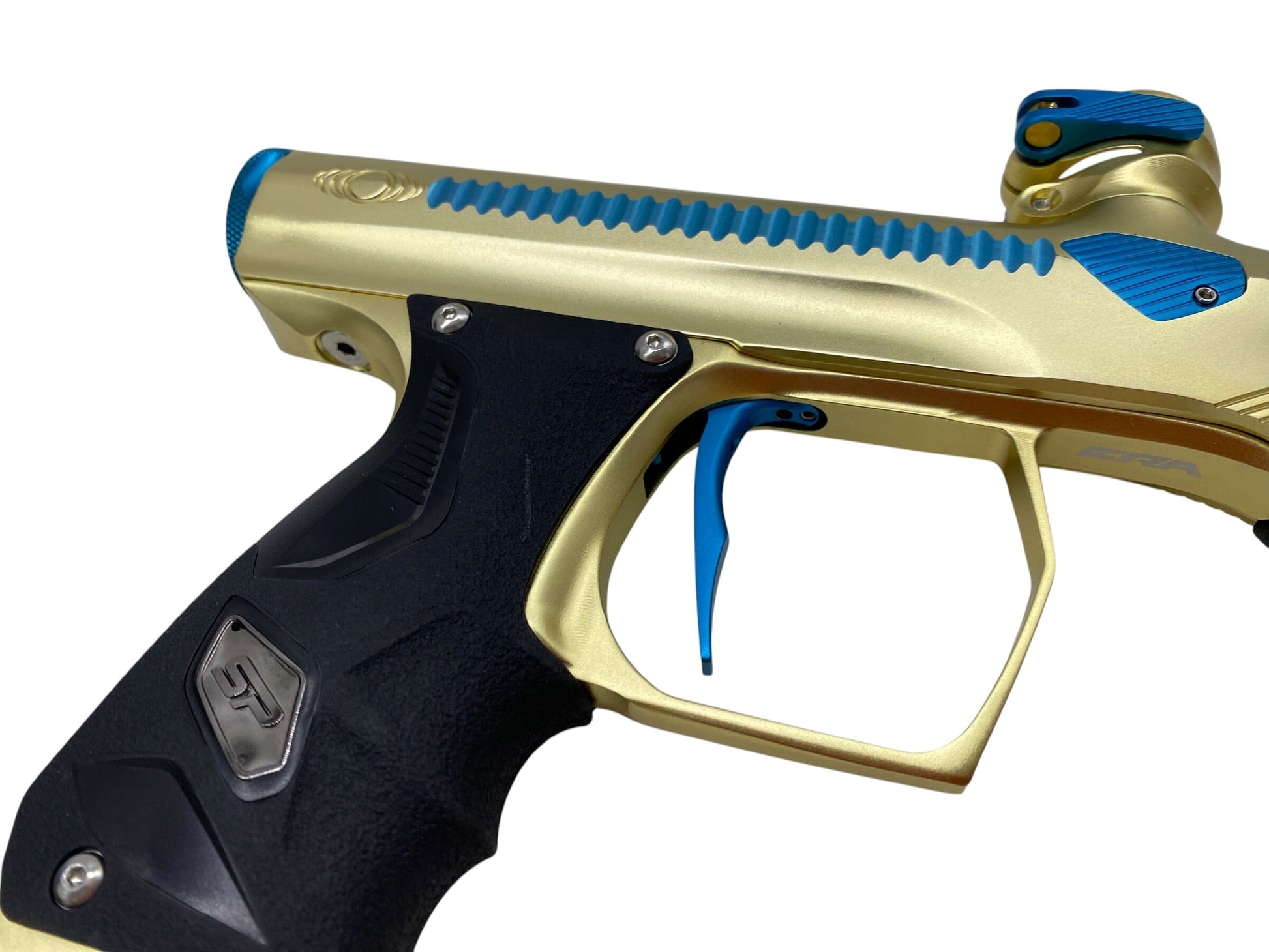 Used Method SP Shocker Era Gold/Teal Paintball Gun with Stainless Steel Inserts Paintball Gun from CPXBrosPaintball Buy/Sell/Trade Paintball Markers, New Paintball Guns, Paintball Hoppers, Paintball Masks, and Hormesis Headbands