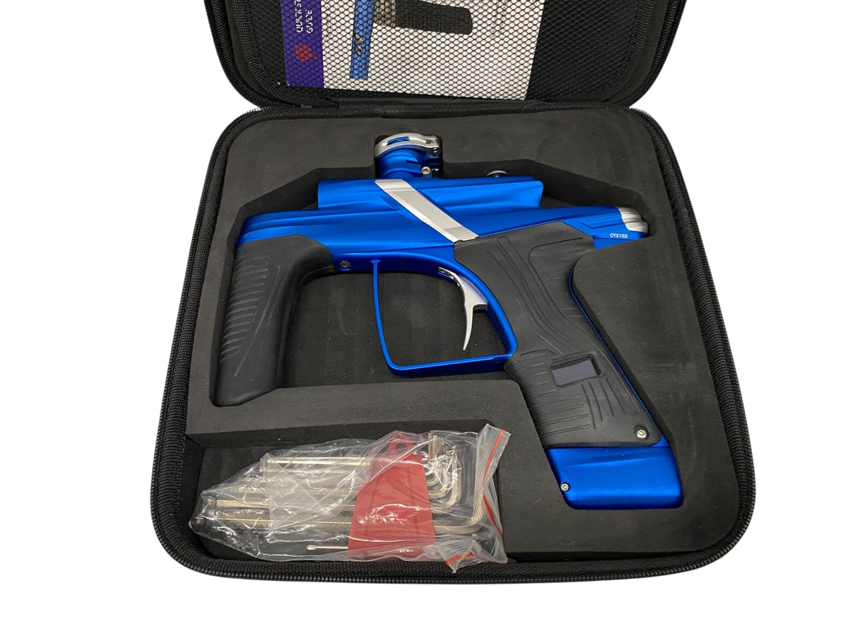 Used MINT Macdev Cyborg X Paintball Gun Blue Silver Paintball Gun from CPXBrosPaintball Buy/Sell/Trade Paintball Markers, New Paintball Guns, Paintball Hoppers, Paintball Masks, and Hormesis Headbands
