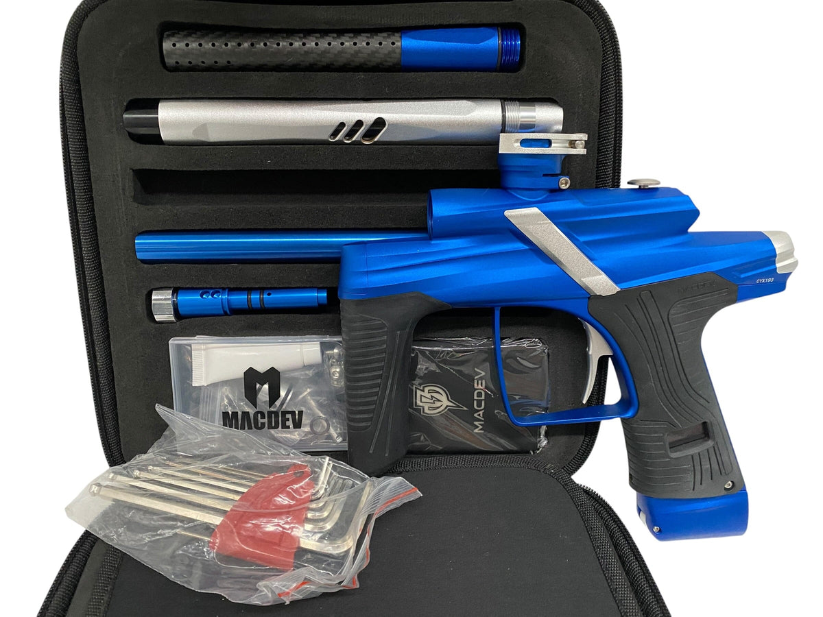 Used MINT Macdev Cyborg X Paintball Gun Blue Silver Paintball Gun from CPXBrosPaintball Buy/Sell/Trade Paintball Markers, New Paintball Guns, Paintball Hoppers, Paintball Masks, and Hormesis Headbands