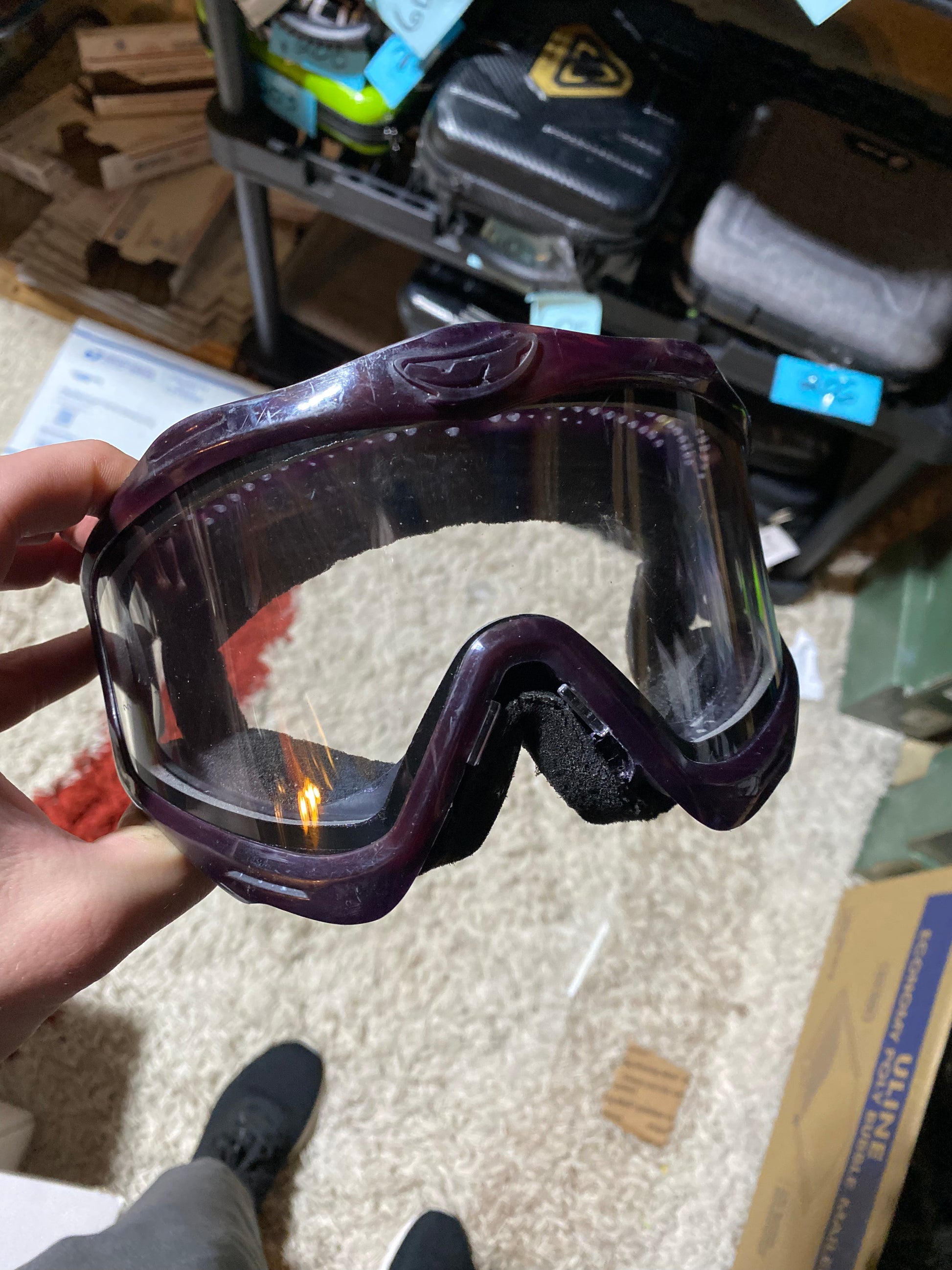 Used OG Banana Jt Goggle Mask Frames Yellow Highlighter frames dyed Purple Paintball Gun from CPXBrosPaintball Buy/Sell/Trade Paintball Markers, New Paintball Guns, Paintball Hoppers, Paintball Masks, and Hormesis Headbands