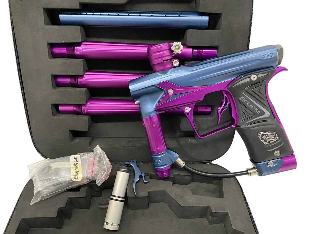 Used Planet Eclipse Geo 3 Paintball Gun with IV Core Blue Purple Paintball Gun from CPXBrosPaintball Buy/Sell/Trade Paintball Markers, New Paintball Guns, Paintball Hoppers, Paintball Masks, and Hormesis Headbands