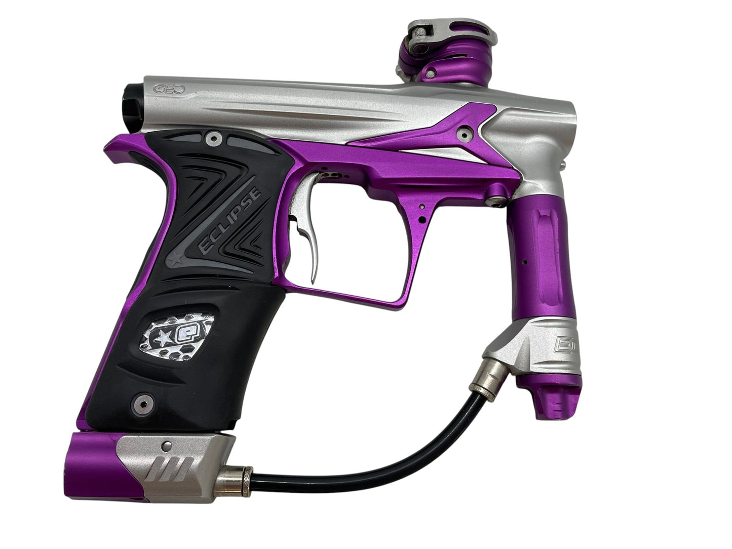 Used Planet Eclipse Geo 3 Silver/Purple Paintball Gun Paintball Gun from CPXBrosPaintball Buy/Sell/Trade Paintball Markers, New Paintball Guns, Paintball Hoppers, Paintball Masks, and Hormesis Headbands