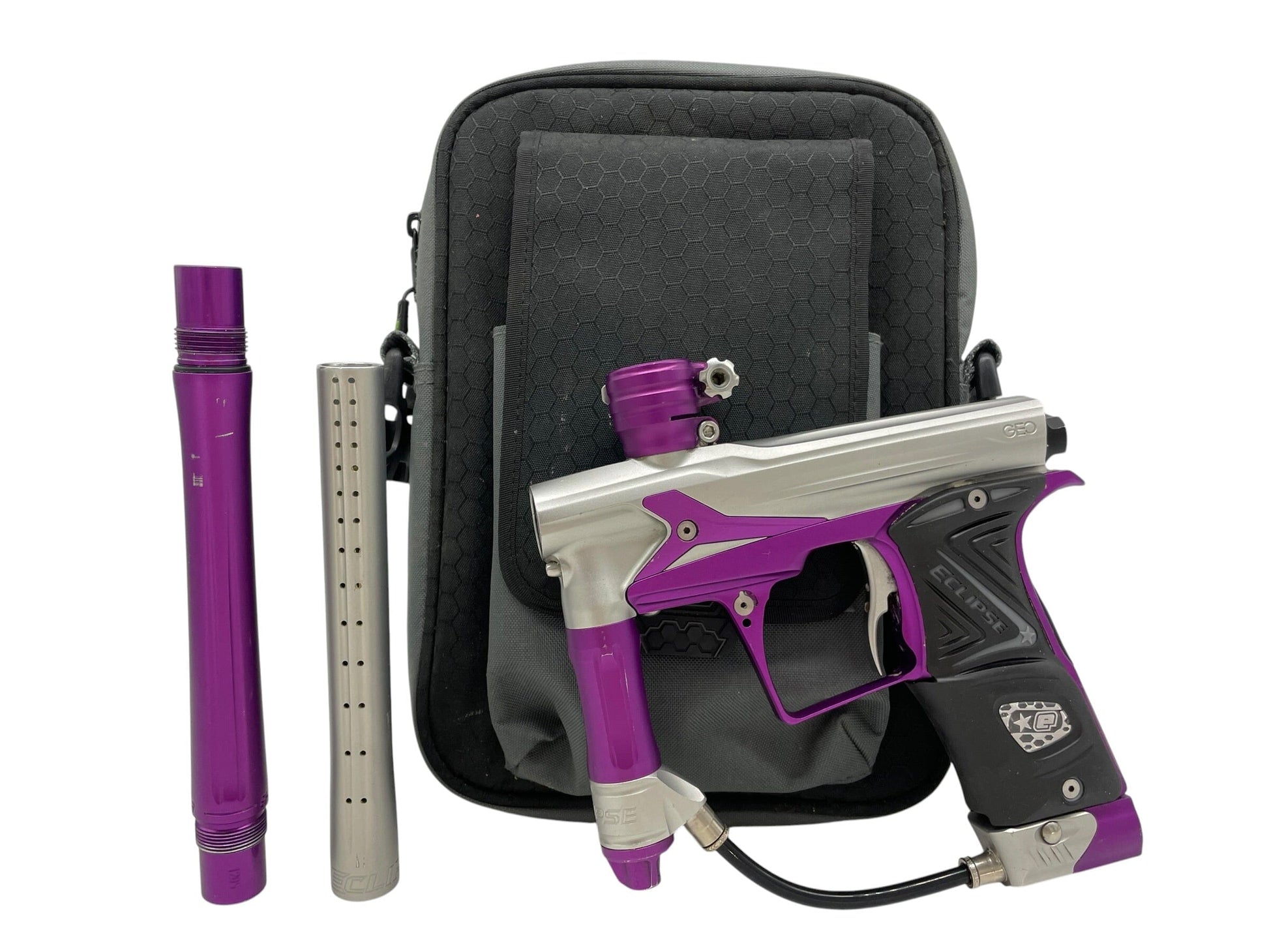 Used Planet Eclipse Geo 3 Silver/Purple Paintball Gun Paintball Gun from CPXBrosPaintball Buy/Sell/Trade Paintball Markers, New Paintball Guns, Paintball Hoppers, Paintball Masks, and Hormesis Headbands