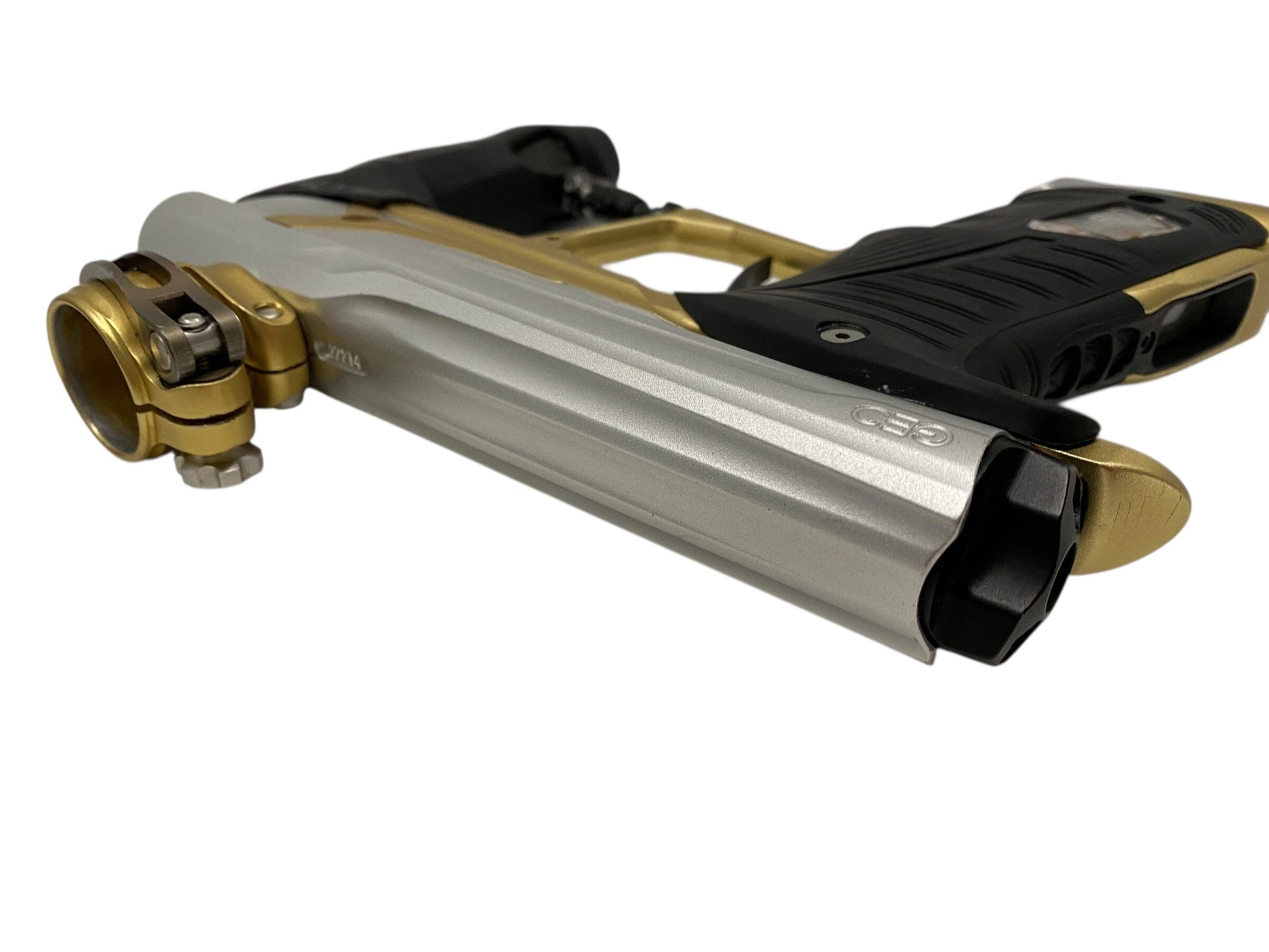 Used Planet Eclipse Geo 3.1 Paintball Gun Silver/Gold Paintball Gun from CPXBrosPaintball Buy/Sell/Trade Paintball Markers, New Paintball Guns, Paintball Hoppers, Paintball Masks, and Hormesis Headbands