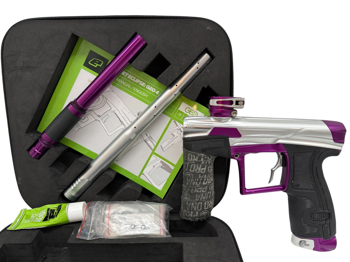 Used Planet Eclipse Geo 4 Silver/Purple Paintball Gun Paintball Gun from CPXBrosPaintball Buy/Sell/Trade Paintball Markers, New Paintball Guns, Paintball Hoppers, Paintball Masks, and Hormesis Headbands