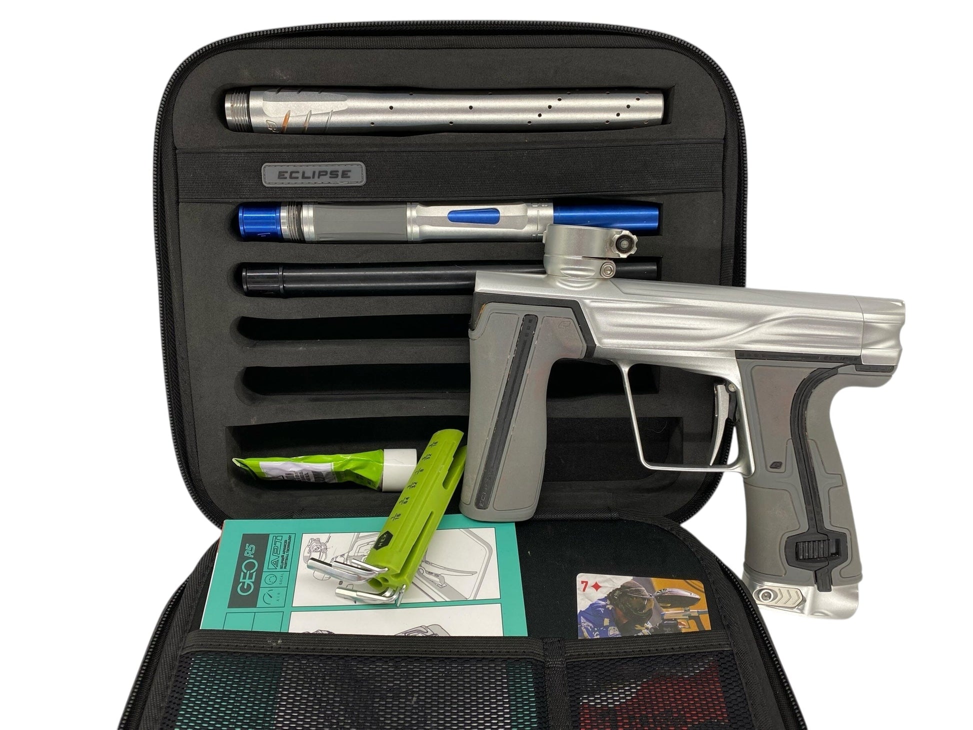 Used Planet Eclipse Geo R5 Paintball Gun Silver Paintball Gun from CPXBrosPaintball Buy/Sell/Trade Paintball Markers, New Paintball Guns, Paintball Hoppers, Paintball Masks, and Hormesis Headbands