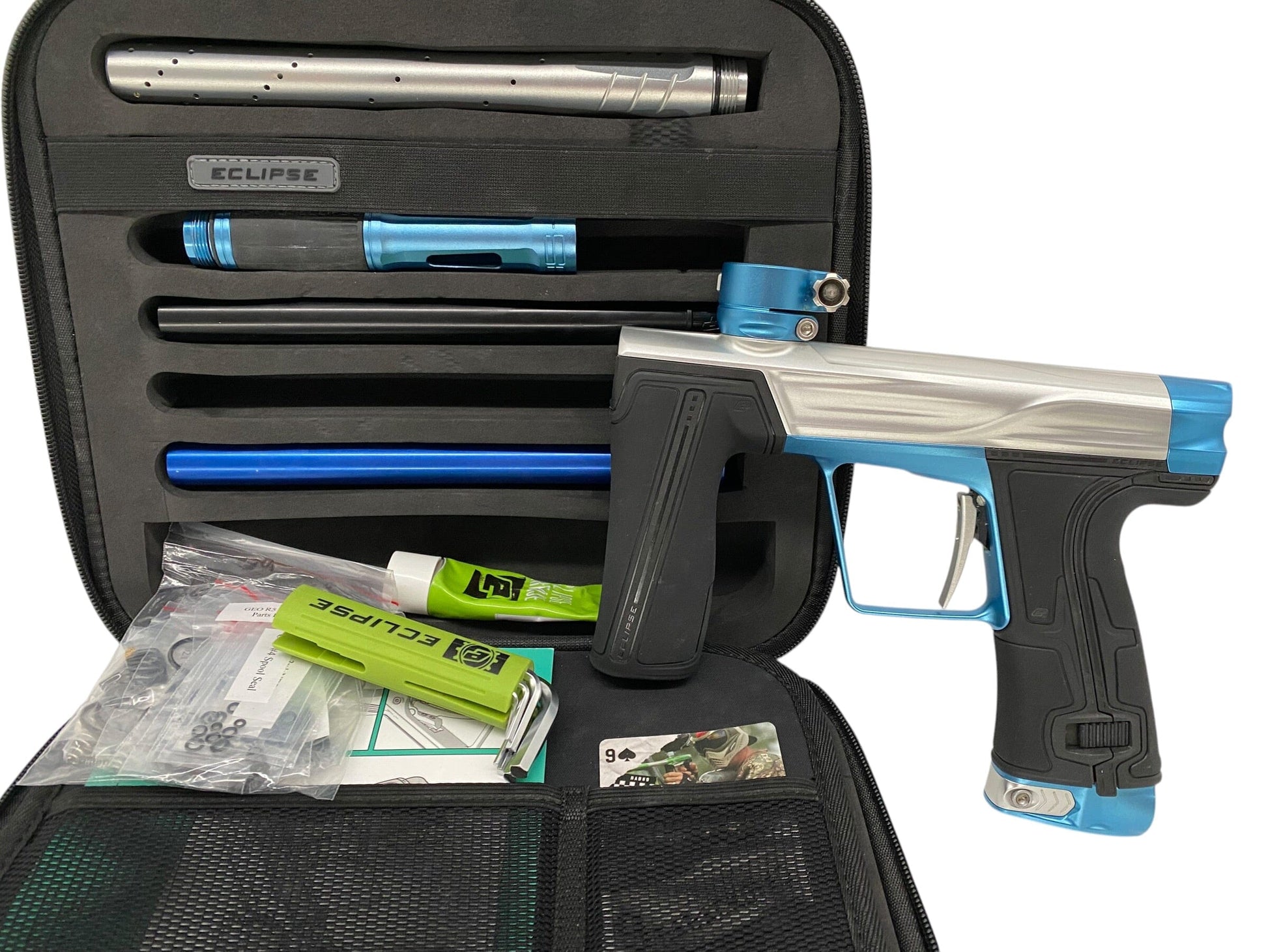Used Planet Eclipse Geo R5 Silver/Electric Blue Paintball Gun Paintball Gun from CPXBrosPaintball Buy/Sell/Trade Paintball Markers, New Paintball Guns, Paintball Hoppers, Paintball Masks, and Hormesis Headbands
