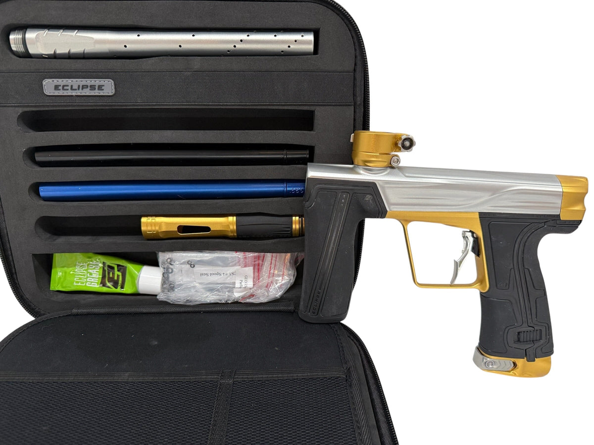 Used Planet Eclipse Geo R5 Silver/Gold Paintball Gun Paintball Gun from CPXBrosPaintball Buy/Sell/Trade Paintball Markers, New Paintball Guns, Paintball Hoppers, Paintball Masks, and Hormesis Headbands