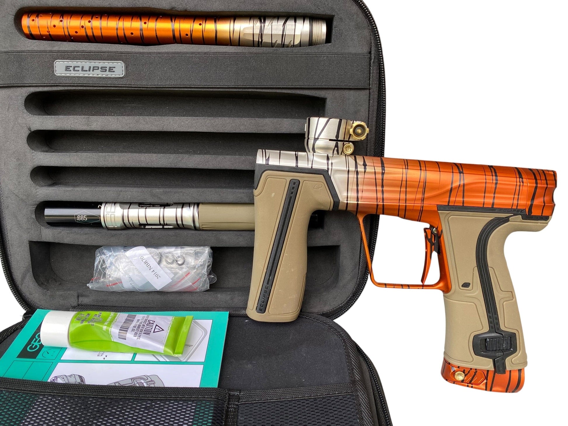 Used Planet Eclipse Geo R5 "Tiger Stripe Fade" Paintball Gun Paintball Gun from CPXBrosPaintball Buy/Sell/Trade Paintball Markers, New Paintball Guns, Paintball Hoppers, Paintball Masks, and Hormesis Headbands