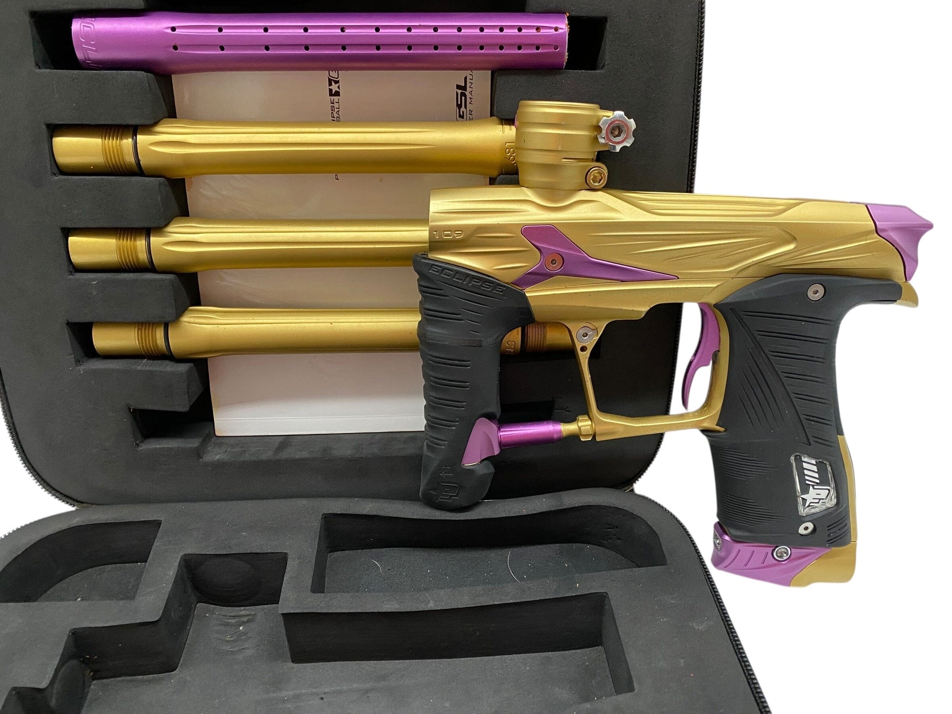 Used Planet Eclipse GSL Paintball Gun Gold/Purple Paintball Gun from CPXBrosPaintball Buy/Sell/Trade Paintball Markers, New Paintball Guns, Paintball Hoppers, Paintball Masks, and Hormesis Headbands