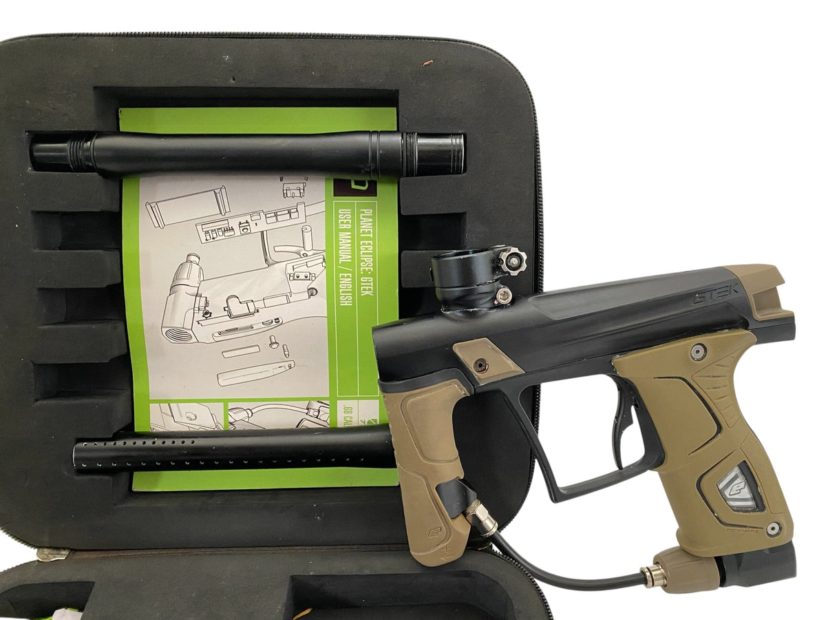Used Planet Eclipse GTEK Black/Tan Paintball Gun Paintball Gun from CPXBrosPaintball Buy/Sell/Trade Paintball Markers, New Paintball Guns, Paintball Hoppers, Paintball Masks, and Hormesis Headbands