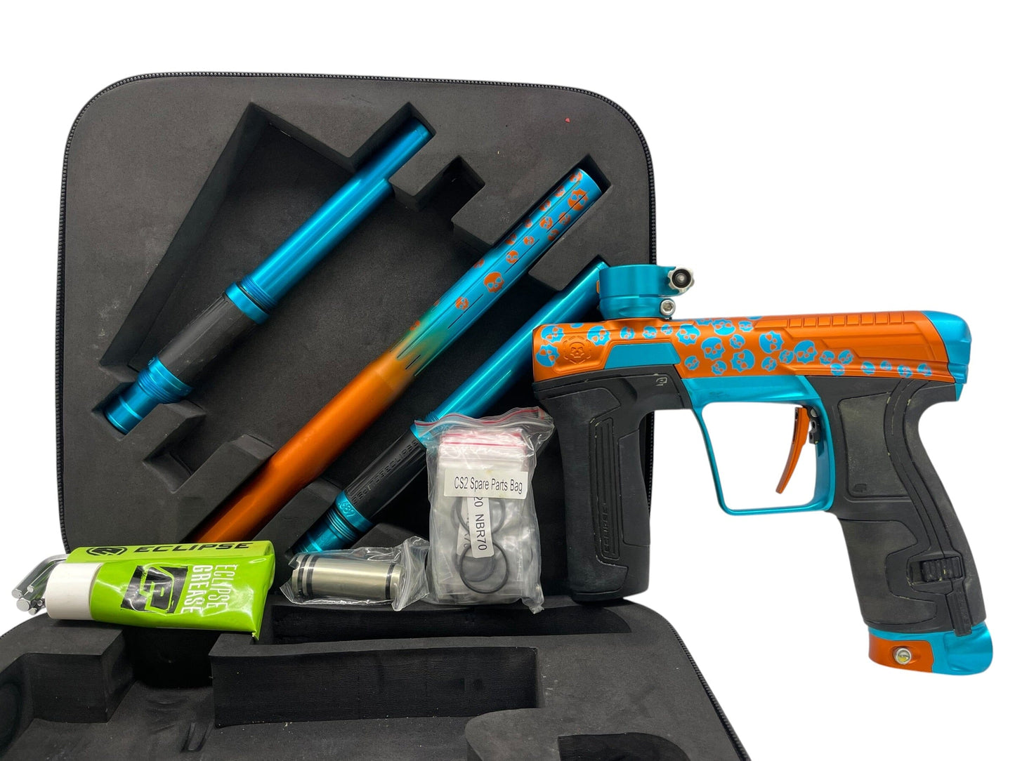 Used Planet Eclipse Infamous CS2 Orange & Teal Skull Ano Paintball Gun Paintball Gun from CPXBrosPaintball Buy/Sell/Trade Paintball Markers, New Paintball Guns, Paintball Hoppers, Paintball Masks, and Hormesis Headbands