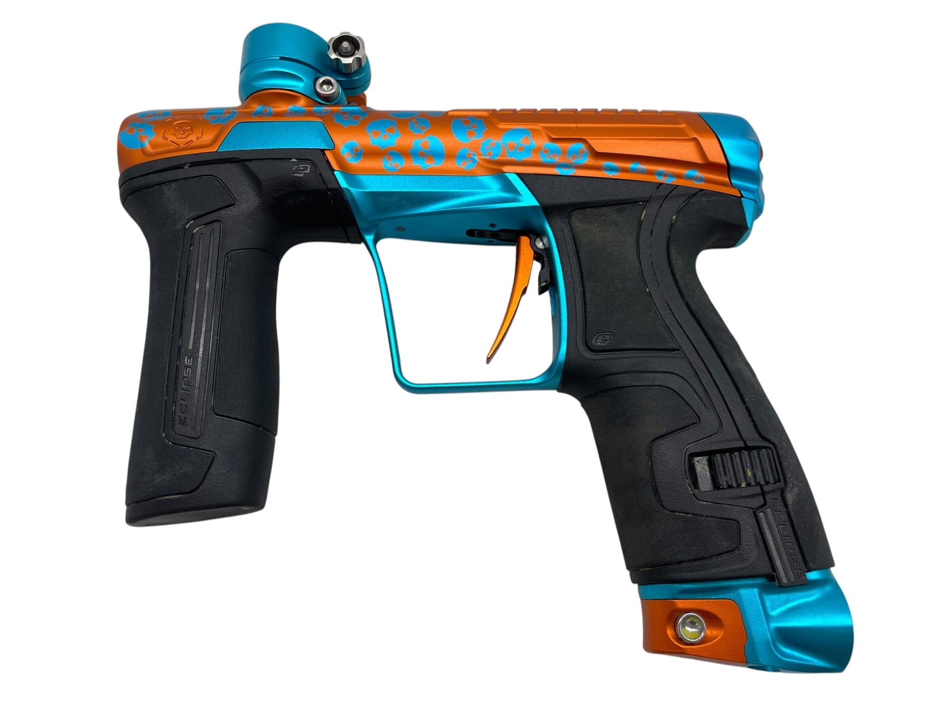 Used Planet Eclipse Infamous CS2 Orange & Teal Skull Ano Paintball Gun Paintball Gun from CPXBrosPaintball Buy/Sell/Trade Paintball Markers, New Paintball Guns, Paintball Hoppers, Paintball Masks, and Hormesis Headbands
