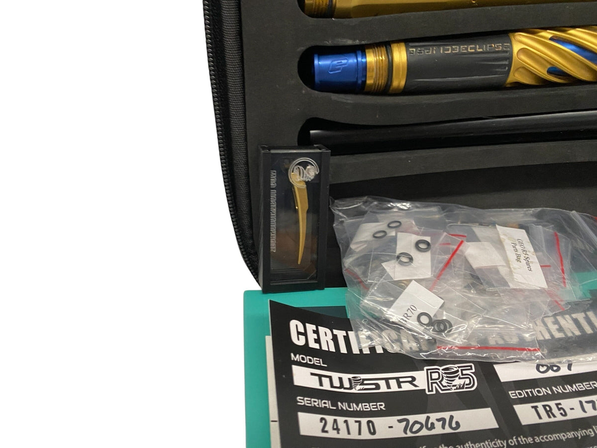 Used Planet Eclipse TWISTER Geo R5 007 (Gold/Gold) Paintball Gun with Twister Bolt Paintball Gun from CPXBrosPaintball Buy/Sell/Trade Paintball Markers, New Paintball Guns, Paintball Hoppers, Paintball Masks, and Hormesis Headbands