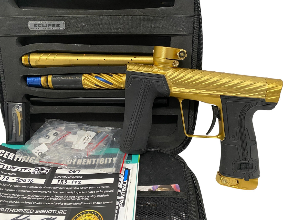 Used Planet Eclipse TWISTER Geo R5 007 (Gold/Gold) Paintball Gun with Twister Bolt Paintball Gun from CPXBrosPaintball Buy/Sell/Trade Paintball Markers, New Paintball Guns, Paintball Hoppers, Paintball Masks, and Hormesis Headbands