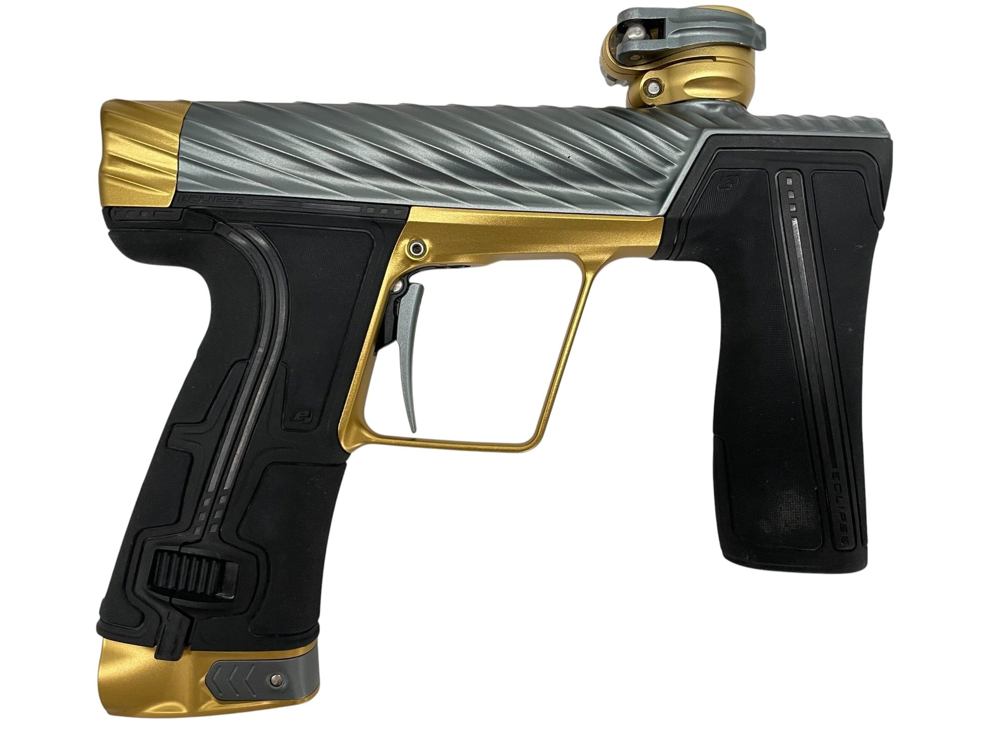 Used Planet Eclipse TWISTER Geo R5 Grey/Gold Paintball Gun Paintball Gun from CPXBrosPaintball Buy/Sell/Trade Paintball Markers, New Paintball Guns, Paintball Hoppers, Paintball Masks, and Hormesis Headbands