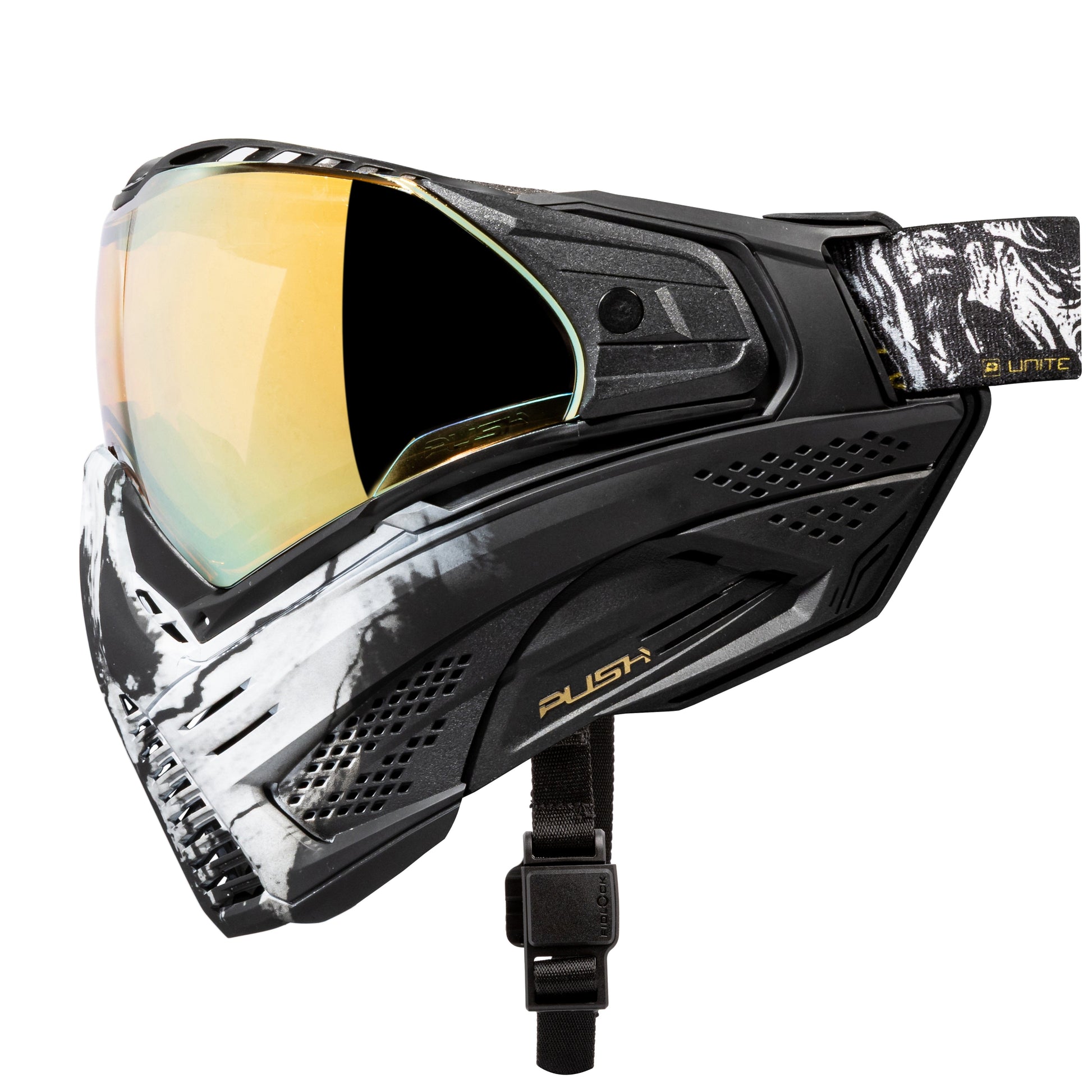 Used Unite Goggle Mk II - Warlord Enforcer (Black/White Skull) - Gold Lens Paintball Gun from HK Army Clothing Buy/Sell/Trade Paintball Markers, New Paintball Guns, Paintball Hoppers, Paintball Masks, and Hormesis Headbands