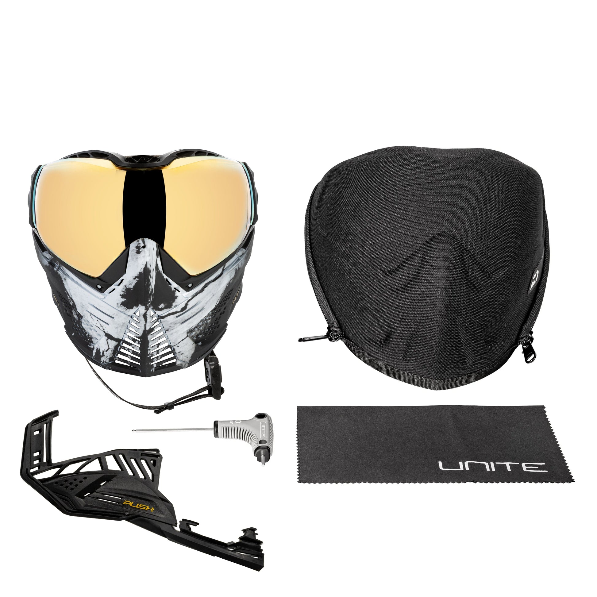 Used Unite Goggle Mk II - Warlord Enforcer (Black/White Skull) - Gold Lens Paintball Gun from HK Army Clothing Buy/Sell/Trade Paintball Markers, New Paintball Guns, Paintball Hoppers, Paintball Masks, and Hormesis Headbands