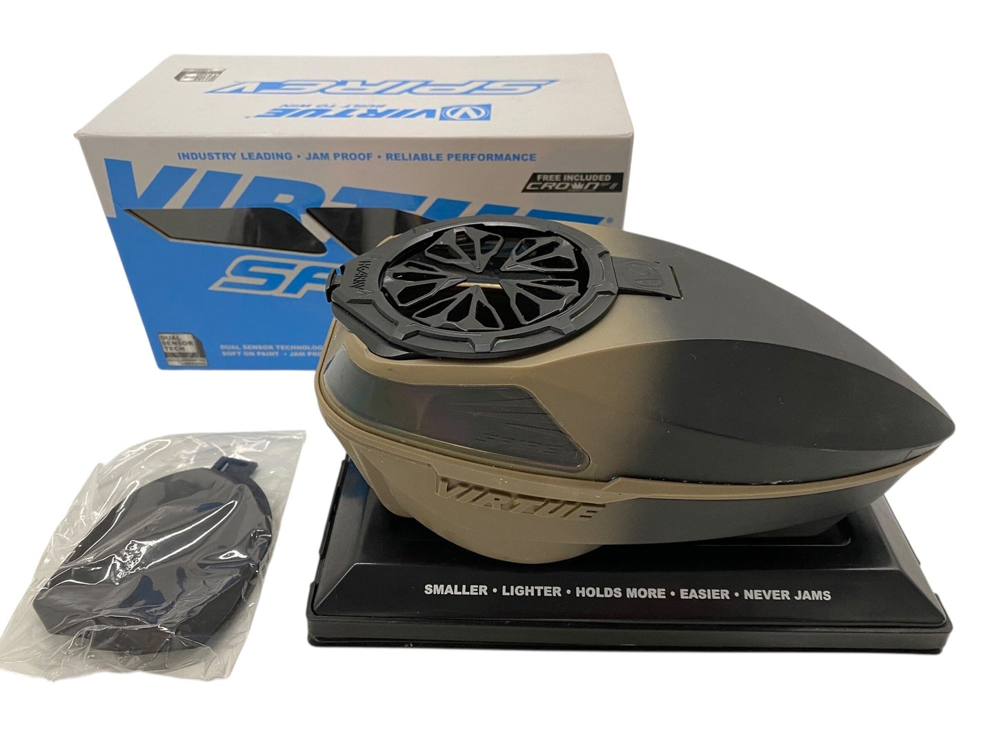 Used Virtue Spire 5 Paintball Hopper Loader Black/Tan Fade With Hk EVO Speed Feed Paintball Gun from CPXBrosPaintball Buy/Sell/Trade Paintball Markers, New Paintball Guns, Paintball Hoppers, Paintball Masks, and Hormesis Headbands